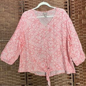 Chico's Pink & White V-Neck Blouse, 3/4 sleeve, Boho Grandmacore Coastal, Size 3